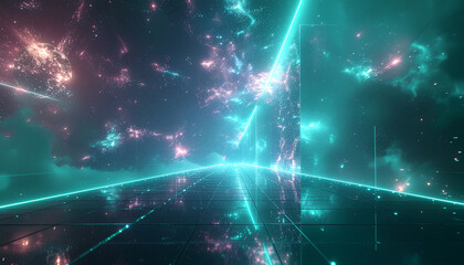 Vibrant abstract cosmic network with glowing teal lines traversing colorful nebulae and digital structures, evoking futuristic technology and interconnectedness.