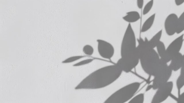 Delicate shadow of a leafy plant branch cast by soft sunlight onto a textured white wall, creating a natural and minimalist background
