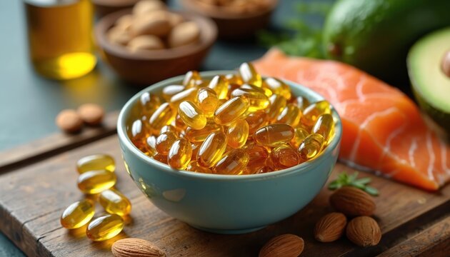 Bowl full of shiny omega-3 fish oil capsules. Healthy fats like salmon, fresh avocado, almonds displayed on wood table. Essential dietary supplements, natural food promote well, body strength.
