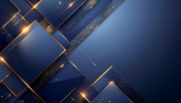 Elegant blue and gold abstract background with shimmering geometric shapes and sparkling light effects.