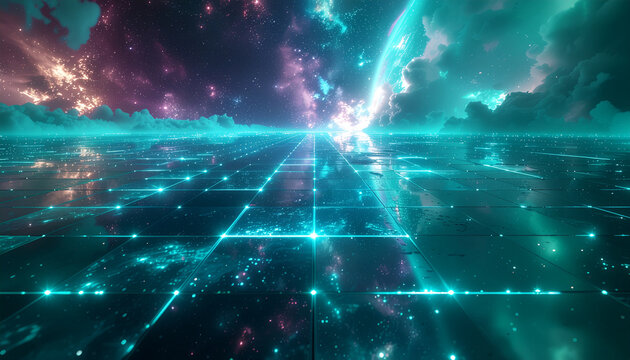 Futuristic digital landscape with glowing grid, celestial body, and vibrant cosmic sky.