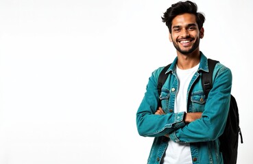 Fototapeta premium Young handsome indian student with backpack smiling confidently on white background. Happy male model in casual denim jacket stands with arms crossed. Successful smart person ready for college