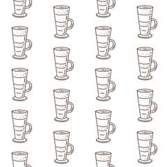 Seamless pattern with hand-drawn tall latte glasses on white background. Vector outline style print.
