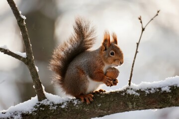 Fototapeta premium Red squirrel perched on snow-covered branch holding a nut in winter