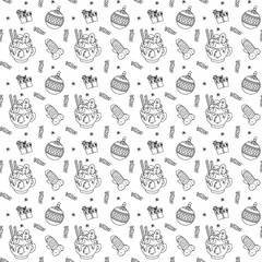 Seamless pattern with hand-drawn Christmas mugs, ornaments and mittens on white background. Vector cozy seasonal background.