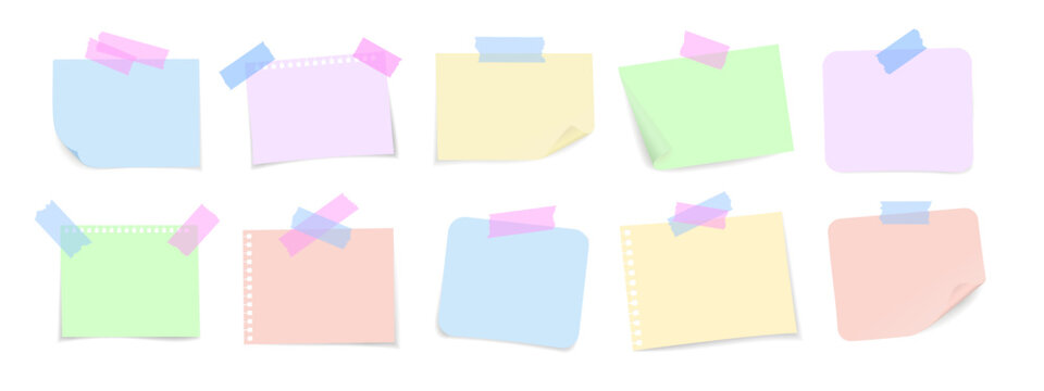 Paper notes with pins and tape. Realistic colored sticky papers with curled corners and notebook sheets. Vector templates for messages, reminders, and office design.
