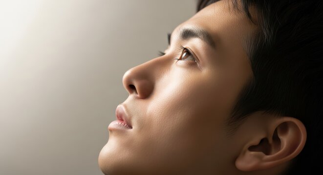 Young adult male gazes upward toward a bright light source with contemplative expression