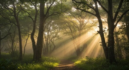 Obraz premium Enchanting Forest Path Bathed in Golden Sunbeams