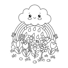 Naklejka premium Cartoon cloud with rainbow rain and flowers