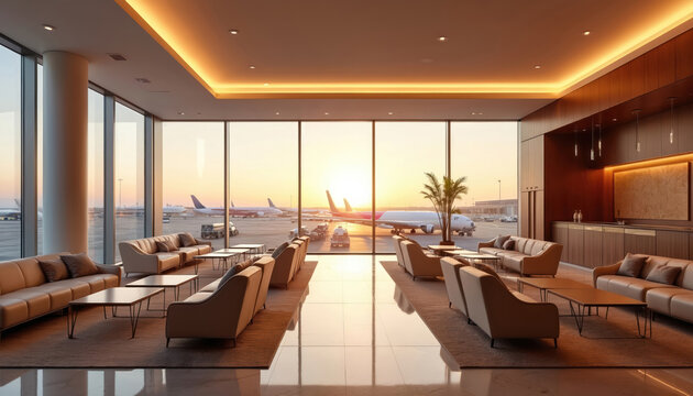 Luxurious airport lounge with modern seating, large windows overlooking parked airplanes at sunset. Comfortable sofas, chairs arranged in spacious area with coffee tables. Room features kitchenette,