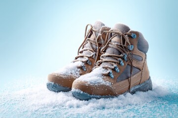 Brown hiking boots covered in snow on a blue background showcasing winter outdoor footwear