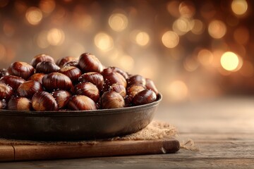 Roasted chestnuts in a rustic bowl on wooden table with warm bokeh background atmosphere