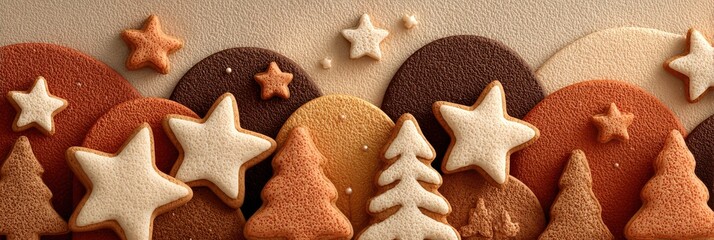 Festive gingerbread cookies shaped like stars and trees arranged on a textured background