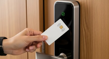 Person utilizes an electronic access card to unlock a modern door mechanism