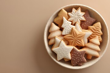 Festive holiday cookies arranged in a bowl with various shapes and textures for seasonal celebration
