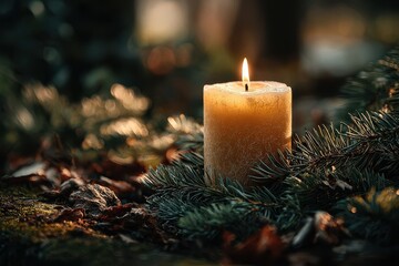 Candle surrounded by evergreen branches and fallen leaves creating a serene atmosphere