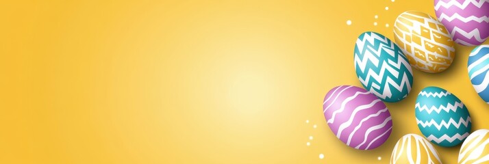 Colorful decorated Easter eggs on bright yellow background with copy space for text. Banner