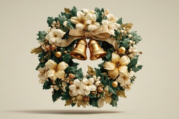 Elegant holiday wreath adorned with golden bells, white flowers, and lush green foliage for festive decor