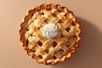 Delicious apple pie with lattice crust and whipped cream topping on a neutral background