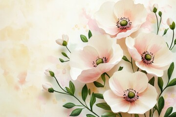 Beautiful watercolor illustration of delicate pink and white flowers with green leaves on soft background
