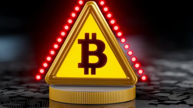 Warning triangular sign with cryptocurrency symbol lit by red bulbs and gold coin base merging with yellow triangular caution sign metallic base