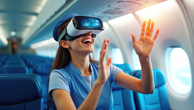 Flight attendant learns safety procedures via virtual reality headset in airplane cabin. Smiling woman practices skills, uses modern tech for airline training program.