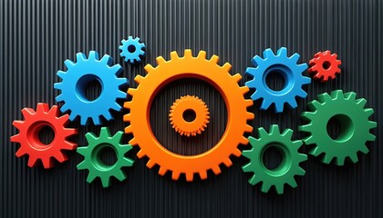 Interlocking colorful gears create a vibrant mechanical pattern. Orange, blue, green, and red cogs mesh together on a dark textured surface, symbolizing teamwork and industry.