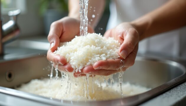 Person rinses rice under water stream in kitchen sink. Hands holding white uncooked rice washing it. Food prep process for cooking fresh healthy meal. - Powered by Adobe