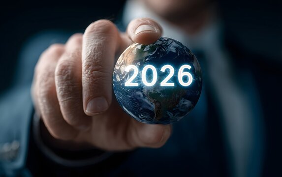 Businessman holding shining earth globe with 2026 - Powered by Adobe
