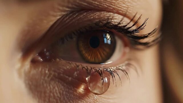 Close-up macro shot of a brown human eye with reflection and a single tear rolling down the cheek showing emotion and sadness during warm golden hour lighting