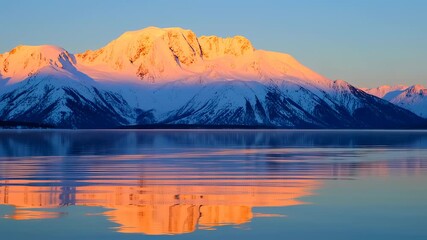 Snowy mountains reflected in calm water at dawn, illuminated in warm hues - Powered by Adobe