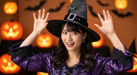 Young woman wearing a sparkling costume and pointed hat poses happily against a festive background of illuminated gourds