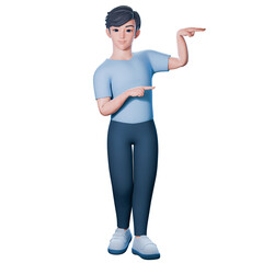 3D Render of casual man in blue wears. pointing to right side with both hands, advertising, presentations, UIUX design, promotional materials.