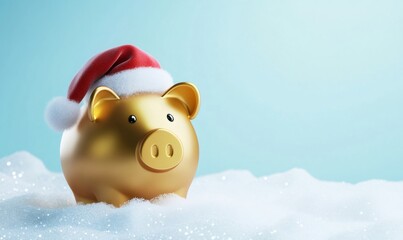 Golden piggy bank wearing a red santa claus hat sitting in shiny white snow. Representing holiday savings, wealth, and finance