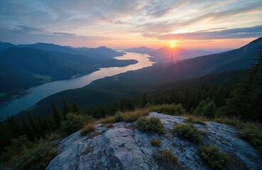 Aerial view of mountain lake at sunset with surrounding hills and forests. Rocky outcrop in foreground with vegetation. Serene landscape with calm water and vibrant sky colors.