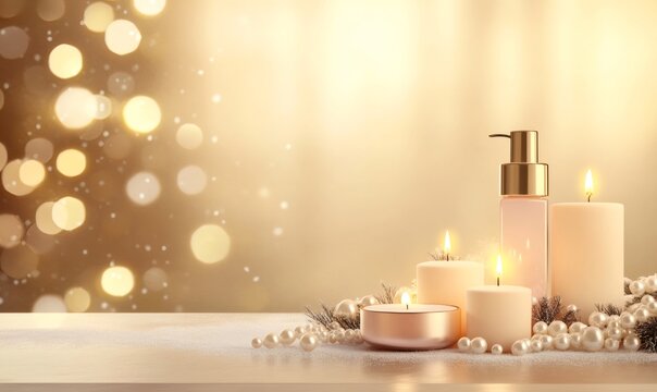 Cosmetic bottle with burning candles, white pearls, and pine branches creating a relaxing holiday spa atmosphere - Powered by Adobe
