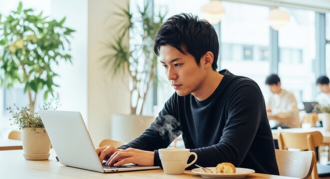 Focused young man works intently on a portable computer in a bright, modern cafe setting