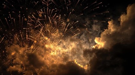 Spectacular fireworks illuminating night skies with a golden glow, perfect for celebrations, festivals, and creating magical moments in video footage