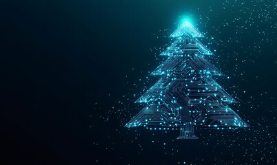 Christmas tree shape formed by glowing blue circuit board lines and digital snow. Represents technology, holidays, and innovation