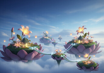 A serene paradise of floating lotus platforms above the clouds, glowing flowers, calm blue sky, magical fantasy style