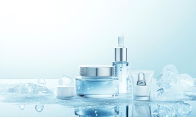 Skincare product set with cream jars, serum bottles, and lotion tube surrounding by ice for a cool, hydrating effect