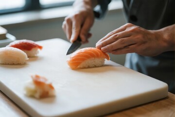 Chef preparing sushi with salmon and rice on a cutting board