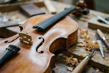 Close-up of a handcrafted violin on a workbench surrounded by wood shavings and carving tools