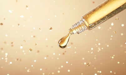 Golden cosmetic serum dropping from a glass pipette, representing beauty care, hydrating, and anti-aging products