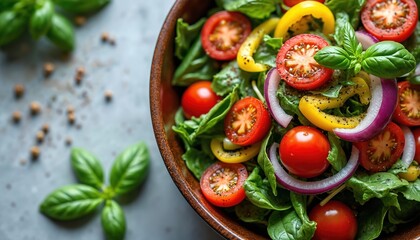 Colorful bowl brimming with fresh greens, ripe tomatoes, crisp bell peppers, and red onion slices. Basil leaves and spices add aromatic zest to this vibrant, healthy meal.