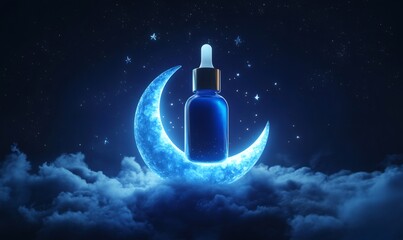 Blue cosmetic dropper bottle resting on a shining crescent moon, hovering above clouds in a starry night sky, representing nighttime skincare