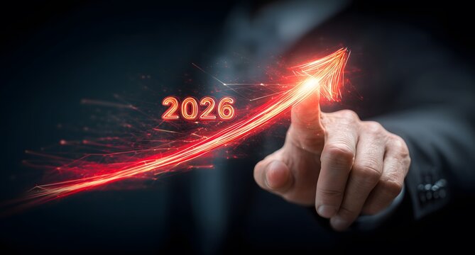 Businessman forecasting growth for year 2026 pointing at upward arrow