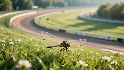 Dragonfly resting on grass near a curving race track with daisies in the foreground