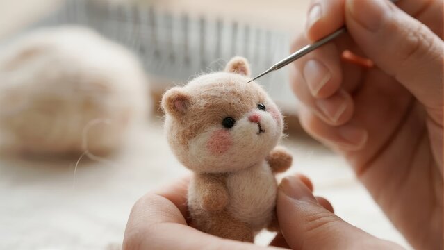 Hands crafting a small felt animal using needle felting technique