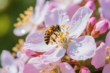 Honeybee collecting pollen on a pink flower with dewdrops in a natural setting